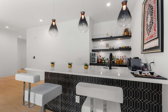indoor wet bar with recessed lighting and pendant lighting