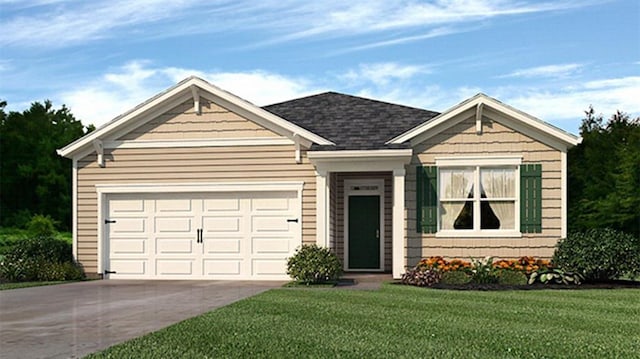 view of front of property featuring a front yard, concrete driveway, roof with shingles, and an attached garage