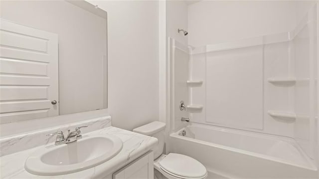 full bathroom with shower / bathing tub combination, vanity, and toilet