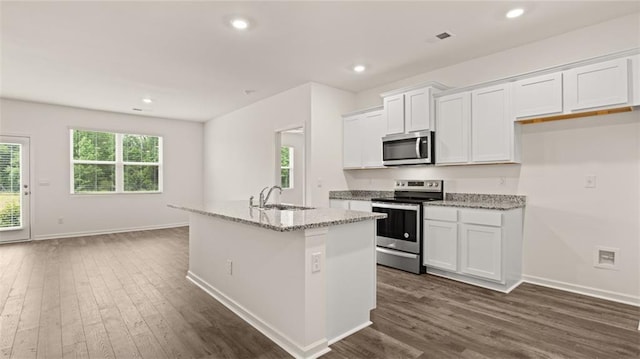 kitchen featuring appliances with stainless steel finishes, white cabinetry, a kitchen island with sink, and sink