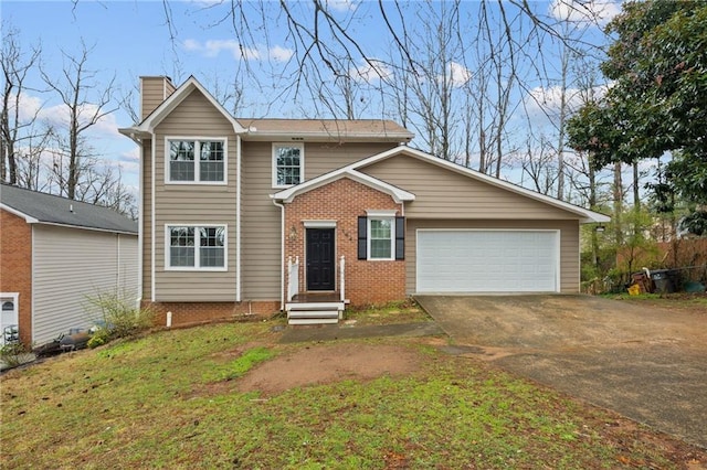 traditional-style home featuring brick siding, a front yard, a chimney, driveway, and an attached garage