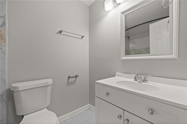 full bath featuring walk in shower, baseboards, toilet, marble finish floor, and vanity