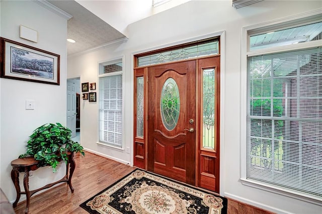 entryway featuring crown molding and dark hardwood / wood-style flooring