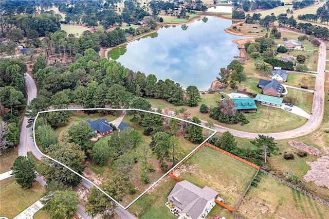 drone / aerial view featuring a water view