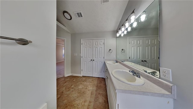 bathroom with lofted ceiling, vanity, and a textured ceiling