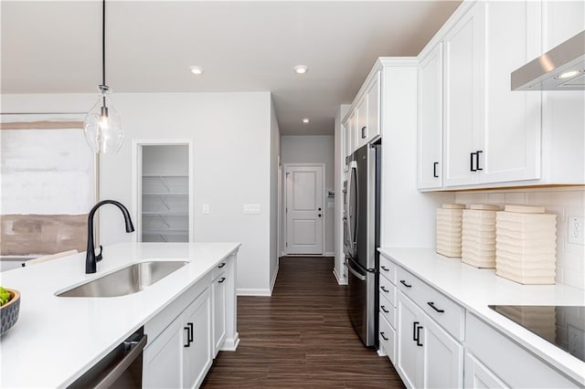 608 Belshire Dr, Acworth, GA 30102 - kitchen featuring exhaust hood, stainless steel appliances, white cabinetry, light countertops, and decorative backsplash