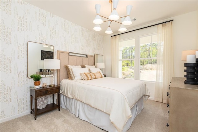 608 Belshire Dr, Acworth, GA 30102 - bedroom with light carpet, wallpapered walls, and a chandelier