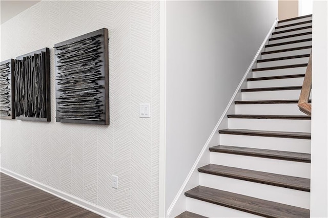 608 Belshire Dr, Acworth, GA 30102 - stairway with wallpapered walls and wood finished floors
