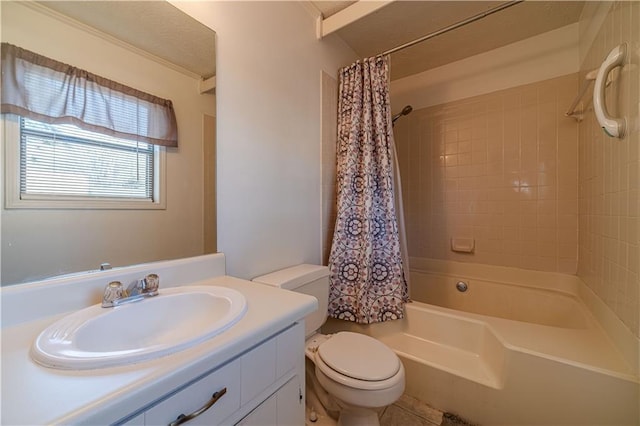 bathroom featuring vanity, shower / bath combination with curtain, and toilet