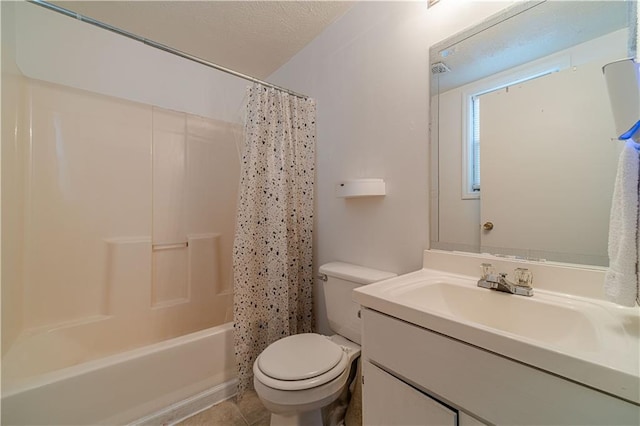 bathroom with toilet, tile patterned floors, shower / bathtub combination with curtain, a textured ceiling, and vanity