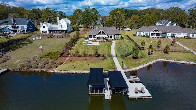 drone / aerial view with a water view