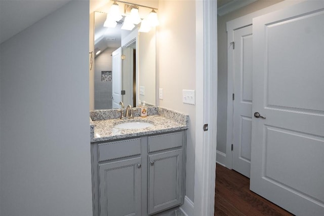 bathroom with hardwood / wood-style flooring and vanity