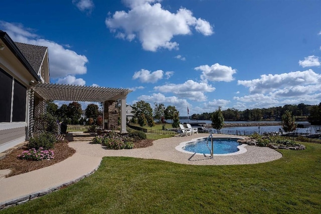 view of swimming pool featuring a lawn, a water view, and a pergola