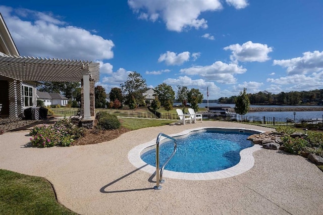 view of swimming pool featuring a patio, a water view, and a pergola