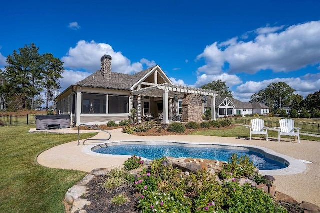 view of swimming pool featuring a pergola, a patio area, a sunroom, and a hot tub