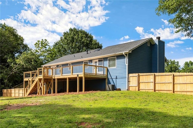 319 Hill Crest Cir, Woodstock, GA 30188 - rear view of property featuring stairway, a wooden deck, and a chimney