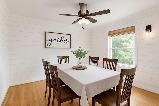 319 Hill Crest Cir, Woodstock, GA 30188 - dining room with light wood-style flooring, wood walls, crown molding, a ceiling fan, and baseboards