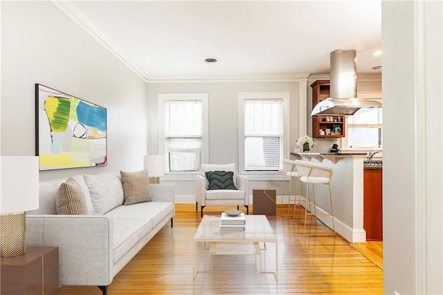 living area featuring crown molding, light wood-style floors, and baseboards