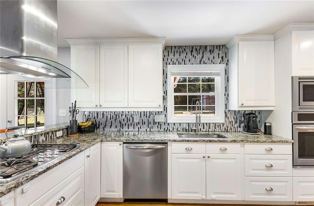 kitchen with white cabinetry, stainless steel appliances, exhaust hood, and sink