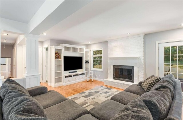 living room with light hardwood / wood-style floors, a healthy amount of sunlight, and a fireplace