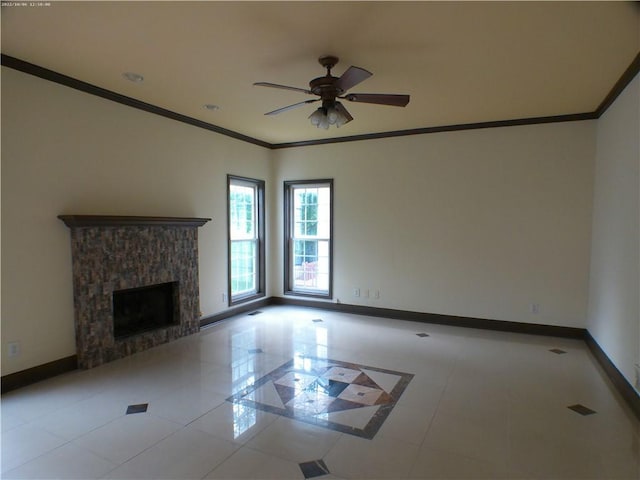 4576 Creek Forestt Trl, Lilburn, GA 30047 - unfurnished living room featuring ceiling fan, baseboards, ornamental molding, a fireplace, and tile patterned floors