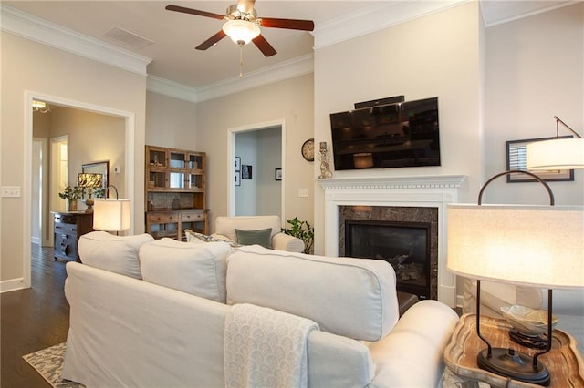 3719 Cresswind Pkwy SW, Gainesville, GA 30504 - living area with ornamental molding, ceiling fan, dark wood-type flooring, and a fireplace