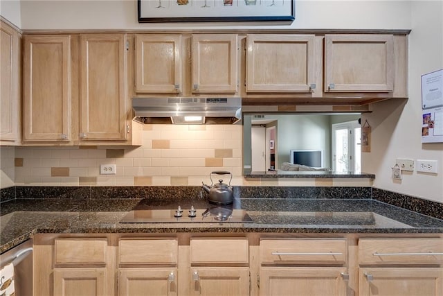kitchen featuring light brown cabinetry, under cabinet range hood, and black electric stovetop
