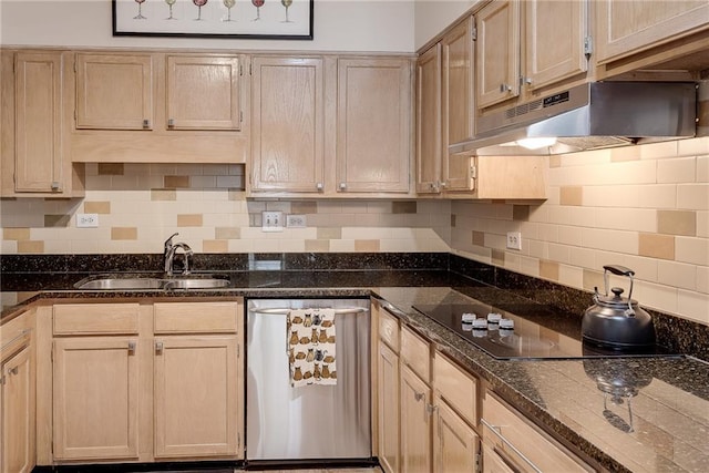 kitchen with a sink, black electric cooktop, tasteful backsplash, stainless steel dishwasher, and under cabinet range hood