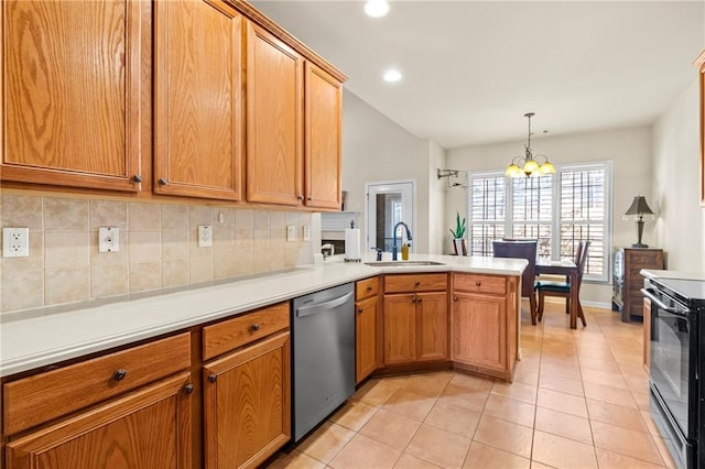 kitchen with a peninsula, stainless steel dishwasher, a notable chandelier, black electric range oven, and a sink