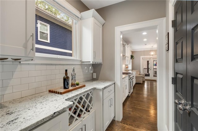 bar featuring decorative backsplash, high end range, and dark wood-style flooring