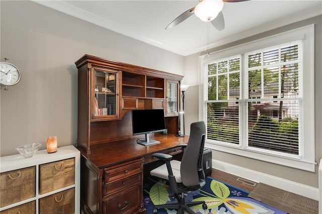 office area featuring ceiling fan, baseboards, wood finished floors, and visible vents