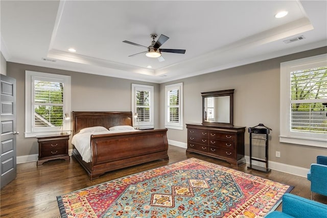 bedroom featuring wood finished floors, a raised ceiling, and multiple windows