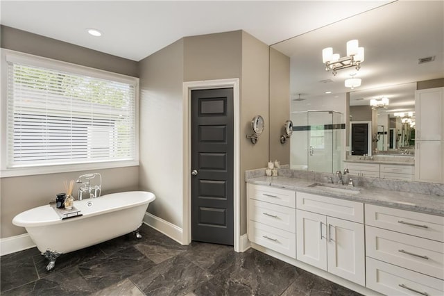 full bathroom with a shower stall, visible vents, vanity, and baseboards