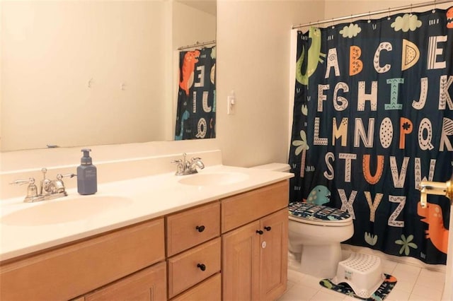 bathroom featuring tile patterned floors, vanity, toilet, and a shower with curtain