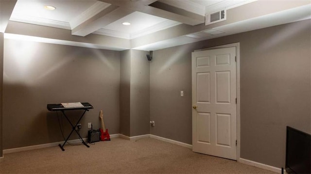 misc room featuring beamed ceiling and light colored carpet