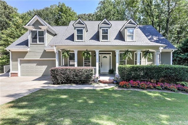 cape cod house with a front lawn, a garage, and a porch