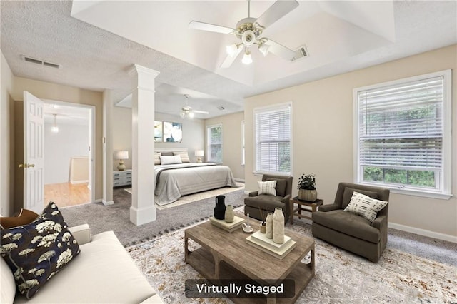 250 Kensington Trce, Stockbridge, GA 30281 - carpeted bedroom with decorative columns, multiple windows, baseboards, and a raised ceiling