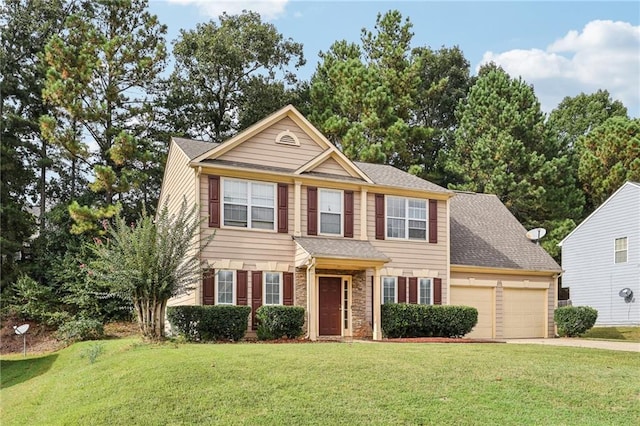 250 Kensington Trce, Stockbridge, GA 30281 - view of front facade featuring a garage, a front yard, concrete driveway, stone siding, and roof with shingles