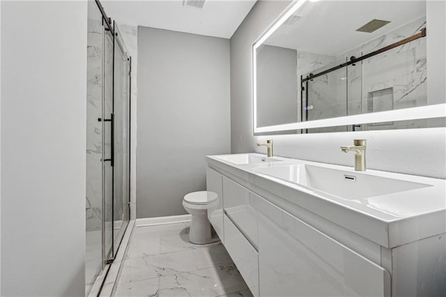 bathroom featuring vanity, toilet, and an enclosed shower