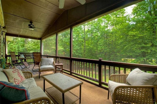 51 Ocoee Trl, Blue Ridge, GA 30513 - sunroom / solarium featuring a ceiling fan, vaulted ceiling, and outdoor lounge area