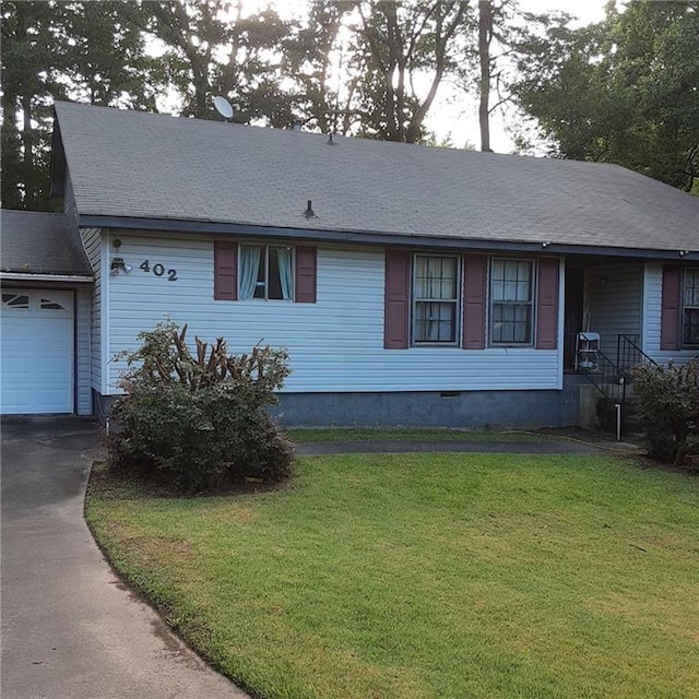 402 Emmett St, Riverdale, GA 30165 - ranch-style home featuring a front lawn, driveway, a garage, and crawl space