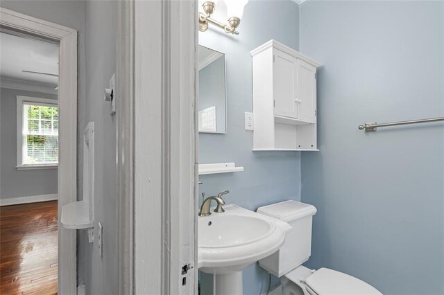 half bathroom with crown molding, baseboards, wood finished floors, and a sink