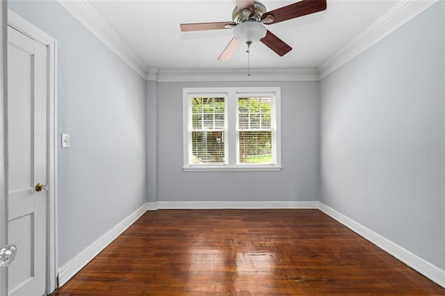 unfurnished room featuring baseboards, ornamental molding, wood-type flooring, and ceiling fan
