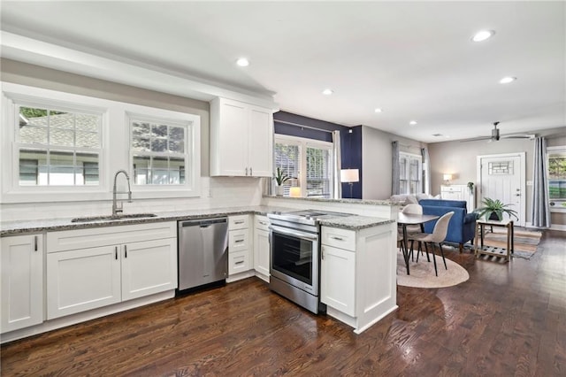 kitchen with sink, white cabinetry, light stone counters, ceiling fan, and appliances with stainless steel finishes