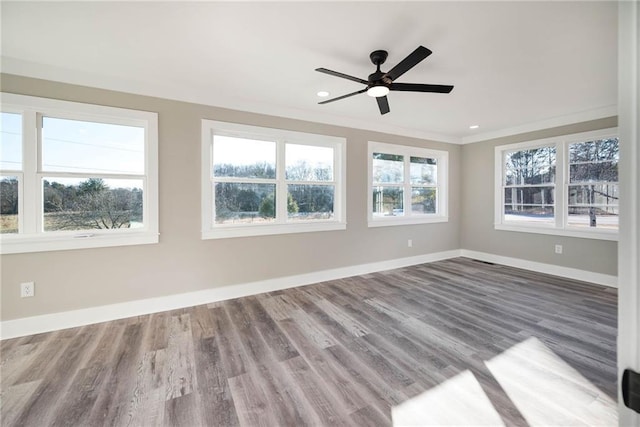 empty room featuring crown molding, a healthy amount of sunlight, hardwood / wood-style floors, and ceiling fan