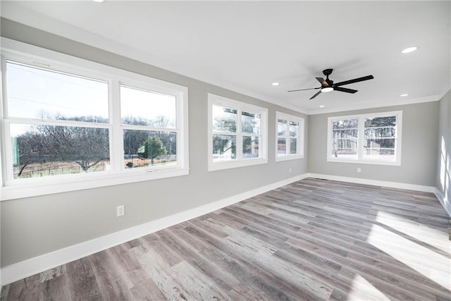 empty room with crown molding, ceiling fan, plenty of natural light, and light wood-type flooring