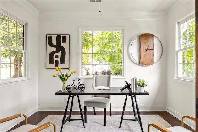 178 Mayson Ave NE, Atlanta, GA 30307 - office area with dark wood-style floors, baseboards, and crown molding