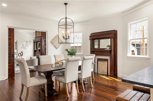 178 Mayson Ave NE, Atlanta, GA 30307 - dining area with a chandelier, healthy amount of natural light, dark wood-type flooring, crown molding, and recessed lighting