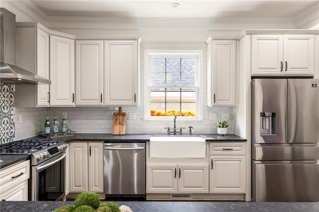 178 Mayson Ave NE, Atlanta, GA 30307 - kitchen with stainless steel appliances, wall chimney range hood, a sink, tasteful backsplash, and crown molding