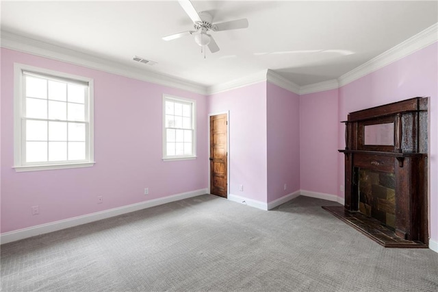178 Mayson Ave NE, Atlanta, GA 30307 - unfurnished living room with carpet floors, ornamental molding, baseboards, and a ceiling fan